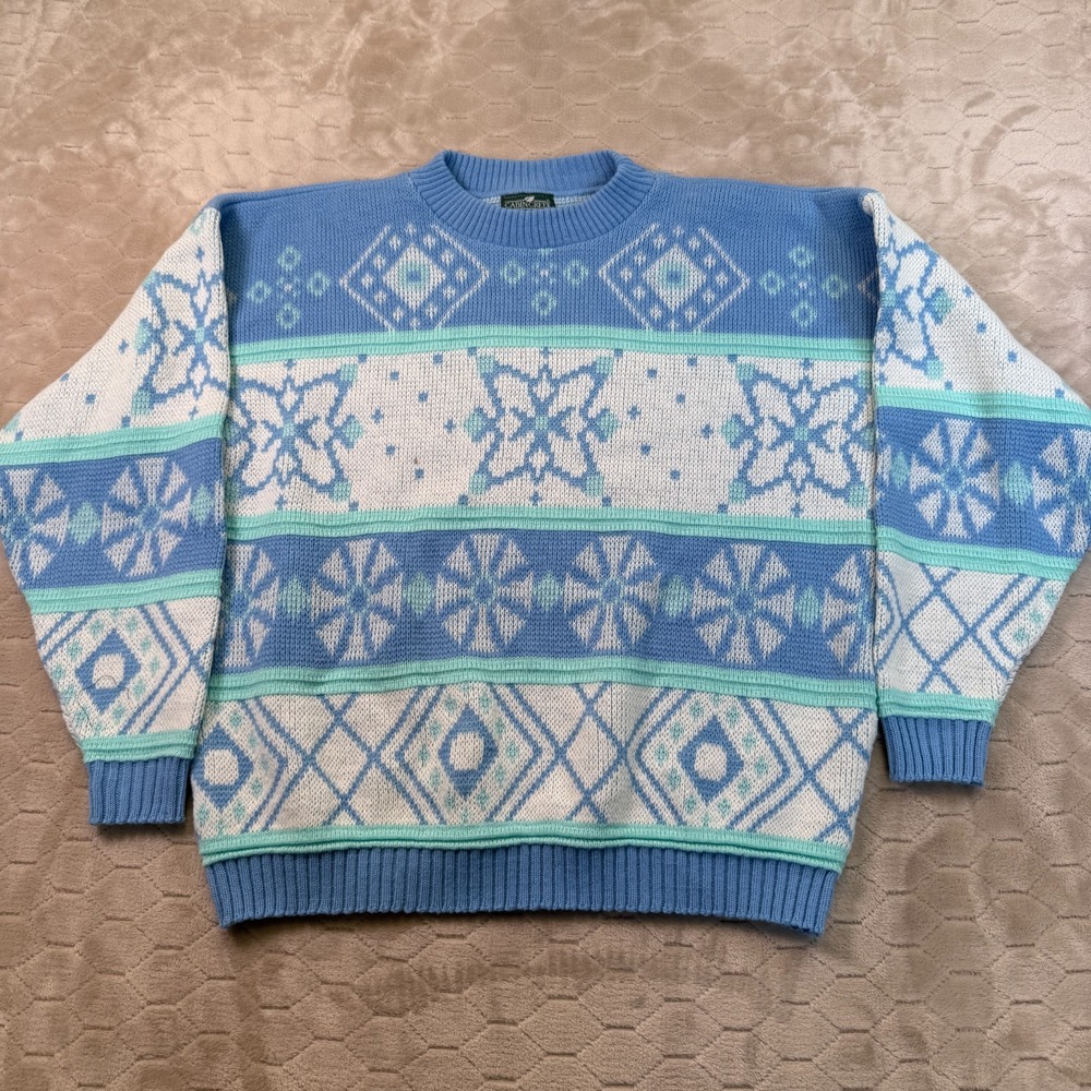 VTG Cabin Creek Knit Sweater Women's Bright Colorful Geometric Sz Lg USA Made